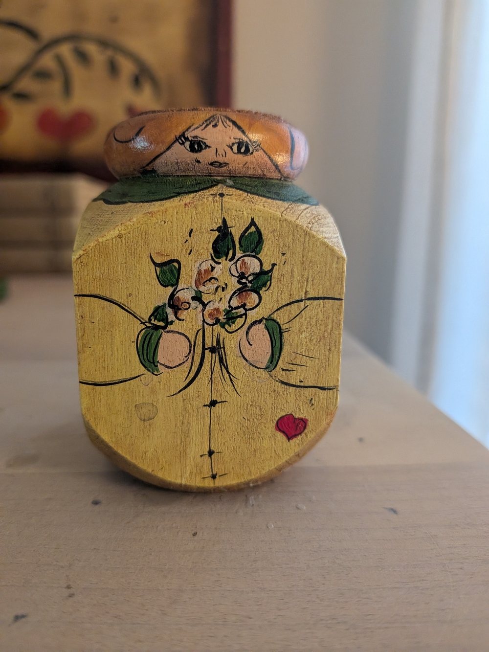 Hand Painted Wooden Folk Art Figurine Signed Block Decor